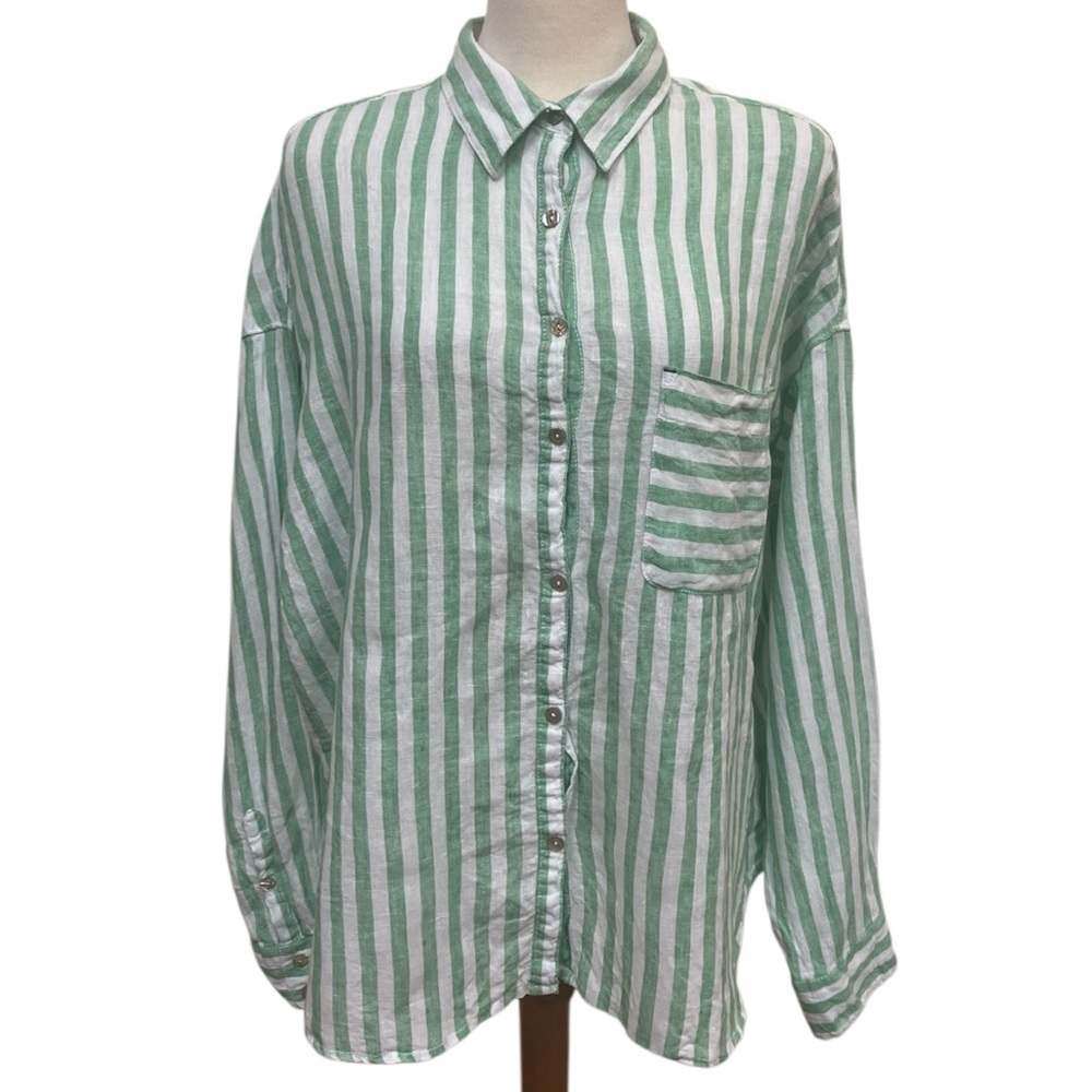 Nicole Miller New York 100% Linen Green and White Striped Button-Up Shirt US XL